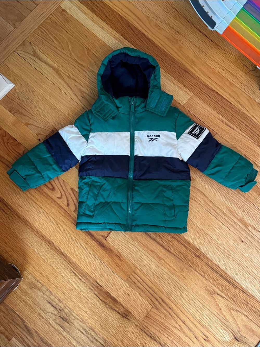 Reebok Green, Navy & White Kids Colorblock Puffer Jacket
